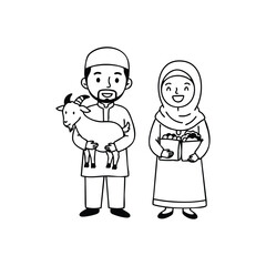 Idul Adha Celebration Outline Illustration of a Muslim Couple