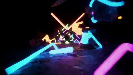 A view of neon light sticks arranged in a dark space with two triangular objects nearby