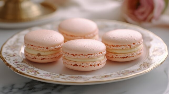 Handmade pale pink pistachio macarons on a plate - a delightful French almond dessert for any occasion.