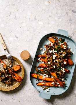 pulled meat with roast carrots and feta