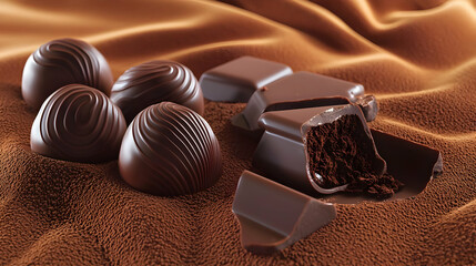 Dark Chocolate Truffles And Bar On Brown Background