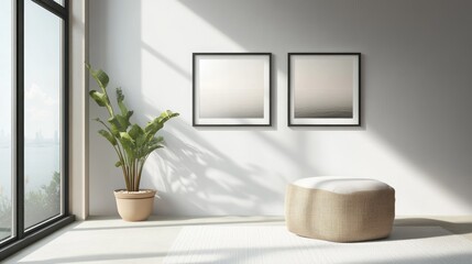 Interior design featuring two square picture frame mockups on a wall with artwork templates