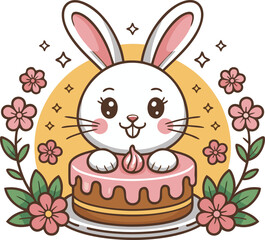 Fluffy bunny peering over a frosted cake