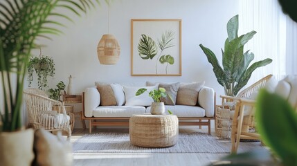 Light and Cozy Scandinavian Living Room with Plants and Stylish Furniture