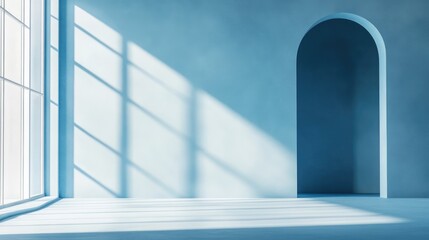 Fototapeta premium Light blue background for product display with window shadows.