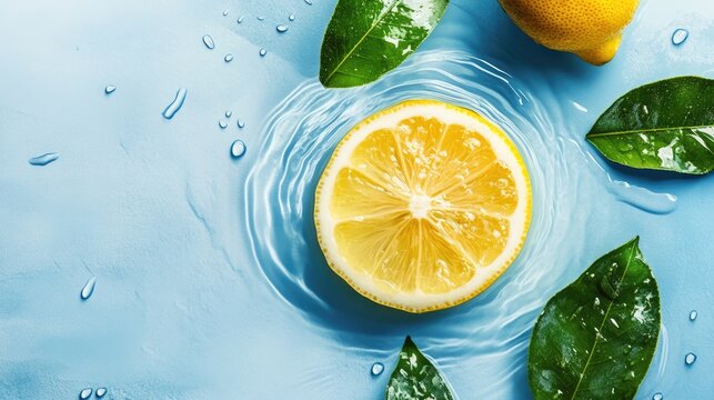 Lemon slice and leaves in water on blue backdrop with shadow and waves. Summer theme with top view and space for text.