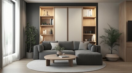 Fototapeta premium Living room with foldable divider, cozy couch, table, and storage.