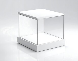 A cube-shaped glass display case with a white base sits on a reflective surface