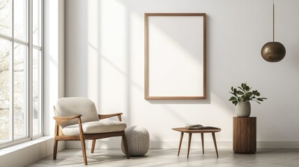 Mockup of blank frame on white wall in modern Scandinavian interior with poster template