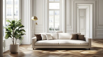 Modern apartment with elegant sofa and parquet flooring, empty living room.