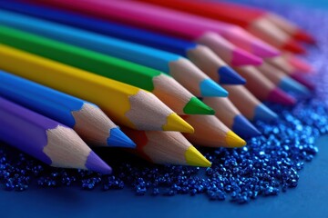Colorful pencils on sparkly blue background, ideal for art projects, kids’ activities, or creative promotions