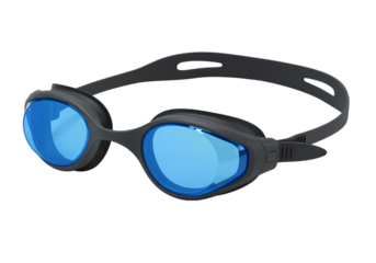 Closeup of a Pair of Black Swimming Goggles with Blue Lenses