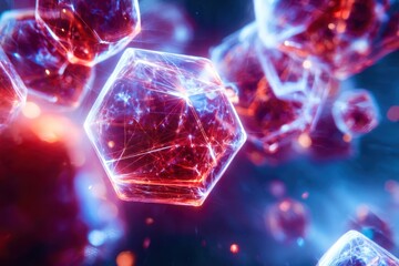 A bunch of red and blue cubes are floating in the air