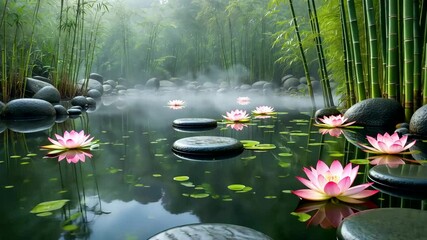 Serene Bamboo Forest Pond with Lotus Flowers, Stones and Gentle Morning Mist Over Water - Powered by Adobe