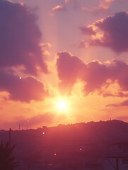 Naklejka premium Sunset over city, vibrant colors