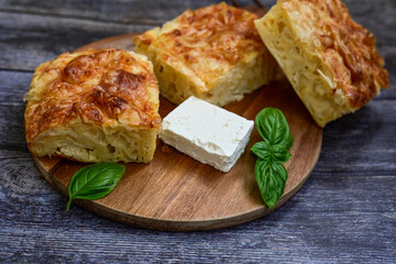  Home made   feta cheese pie  with phyllo pastry and organic eggs. Bulgarian banitsa