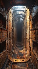 Industrial ruins rusted interior narrow perspective high resolution picture