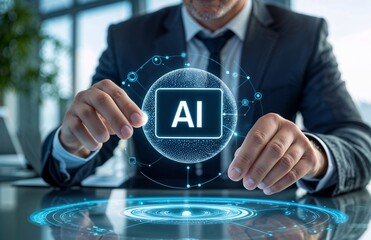 Businessman interacting with AI hologram in office