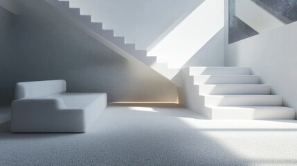 Obraz premium Modern white staircase with carpeted steps and minimal design in a well-lit space, featuring contemporary architectural style.