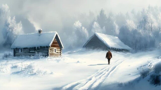 Ultra HD 4K a man going home in the snowfall video winter fairy tale motion video snowfall in the mountain forest video