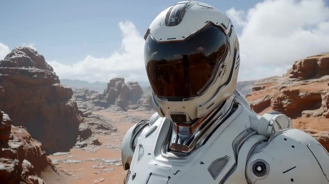 A person lifts the visor of a sleek white futuristic robot armor helmet, revealing their face.