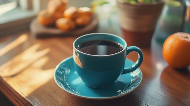 Morning meal with caffeinated beverage