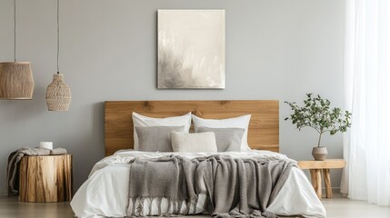 Neutral bedroom setting with blank canvas for artwork