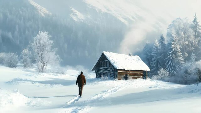 Ultra HD 4K a young man walking in the winter forest video a men walking in the forest video hiking in the winter mountain video