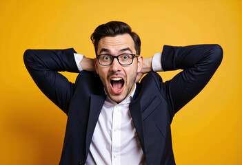 Ecstatic Businessman Celebrating a Successful Deal on Bright Yellow Background