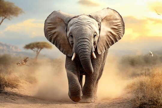 Running baby elephant in African savanna dust at sunset — wildlife safari animal close-up - Powered by Adobe