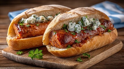 Grilled chorizo choripan served with chimichurri at bustling match, vibrant flags adding energy to the atmosphere
