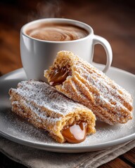 Thick churro filled with dulce de leche pairs perfectly with a rich cup of hot chocolate on a chilly winter afternoon