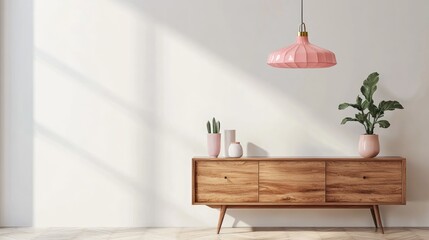 Pink retro ceiling lamp over wooden sideboard in modern living room with white wall and room for sofa