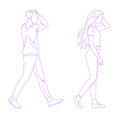 person walking while running their hand through their hair pose lineart illustration
