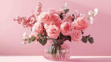 Obraz premium Pink roses arrangement on pink backdrop for special occasions.