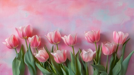 Fototapeta premium Pink tulips arrangement on pastel background for special occasions