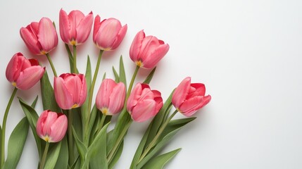 Pink tulip bouquet on white background with space for text. Mother's Day