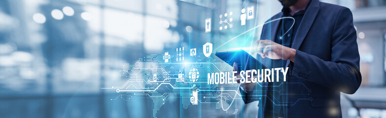 Businessman using tablet analyzing mobile security and AI-driven growth enhancing biometric...