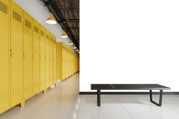 Obraz premium Free PNG wallpaper mockup in school Interior Design, Bright Yellow Lockers in a Clean School Hallway with a Bench., 3D rendering 