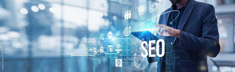Poster businessman using tablet analyzing seo and digital marketing strategies for website traffic growth, 