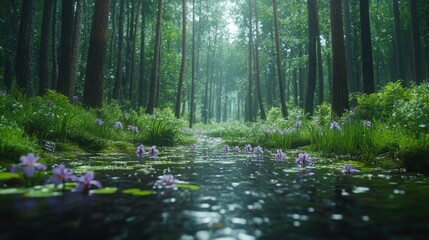 Fototapeta premium Rain-soaked forest path with purple flowers