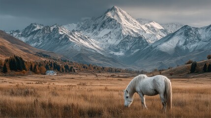 Obraz premium Majestic white horse grazing peacefully in a serene valley surrounded by towering snow-capped mountains at twilight
