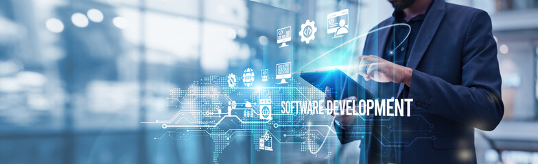 Businessman using tablet analyzing Software Development and project management strategies to optimize workflow, enhance coding efficiency, improve product delivery timelines in a competitive market.