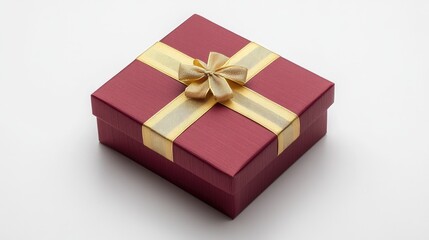 Red square gift box with gold ribbon on white background