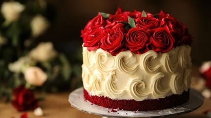 Red Velvet Cake adorned with Roses