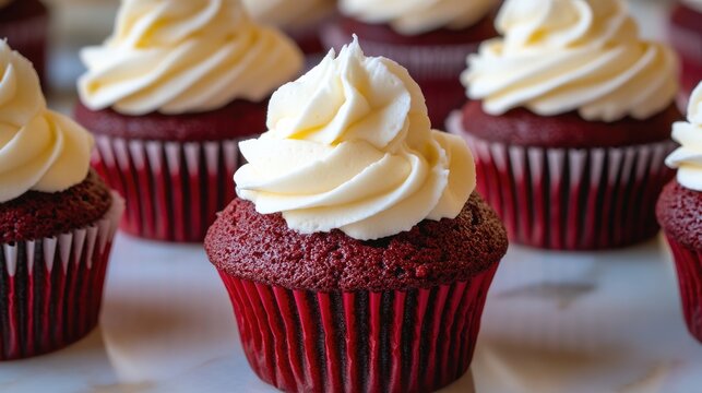 Red velvet cupcakes topped with whipped cream