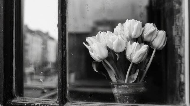 Reflection of tulip bouquet in window, black and white photo evoking nostalgia and melancholy of lost youth.