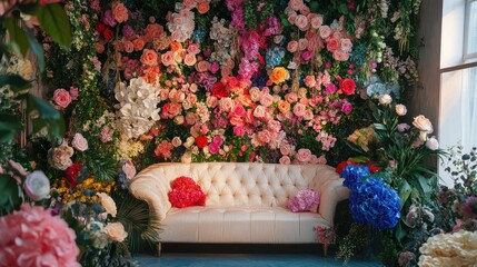 Obraz premium Room decor with artificial flowers, flower backdrop