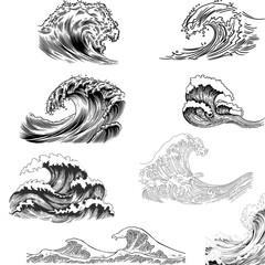 set of Hand drawn Ocean Waves Sketch Illustration⁠

