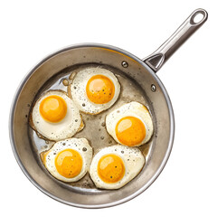 Fried eggs in a frying pan top view isolated on white background